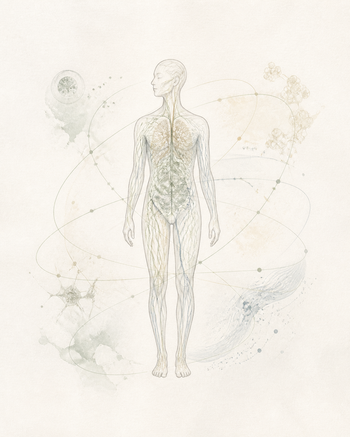 Helle anatomische Illustration eines Menschen als verbundenes biologisches System