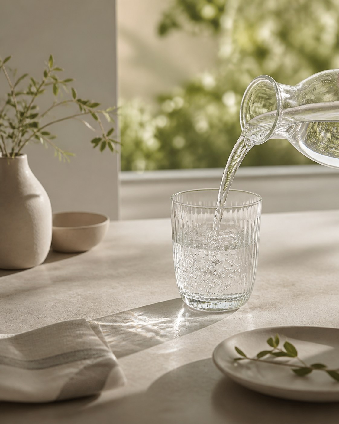 Wassertechnologie in einer hellen Küche mit Blick ins Grüne